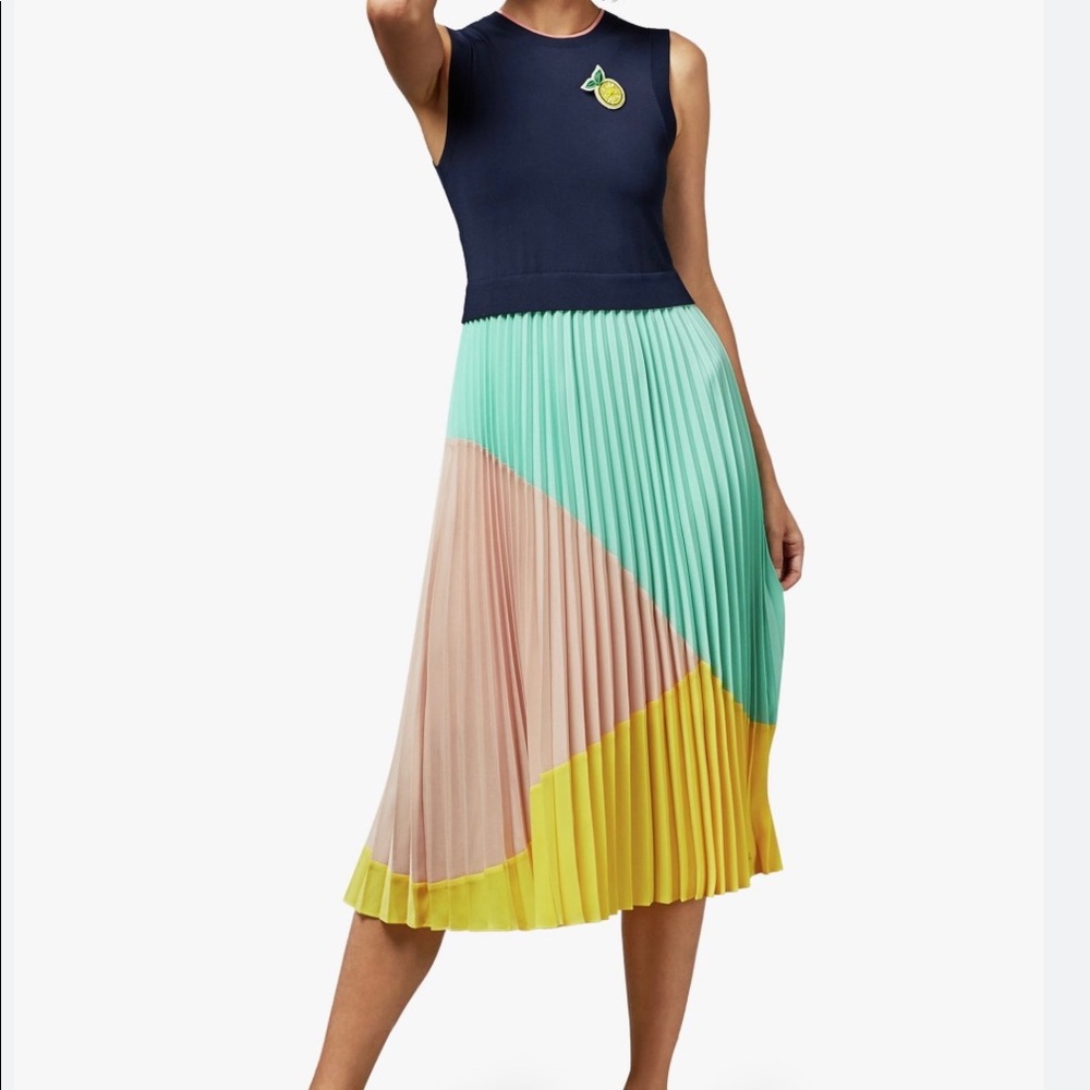 Ted Baker INDIGGO Contrast Pleated Mockable Midi Dress Navy